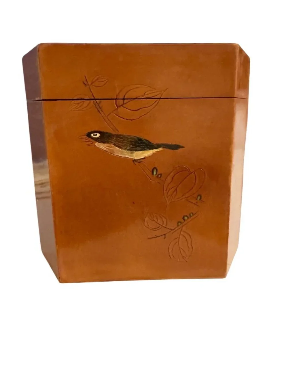 Vintage Chinese Lacquered Wooden Tea Caddy Box Bird Calligraphy Trinket Box